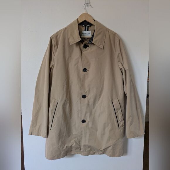Cole Haan Rain Car Trench Coat Tan Brown Leather Trim Men's M Medium - Picture 1 of 13